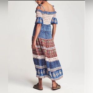 Faherty Sylvie SZ Med Blue Floral Cold Shoulder Square Neck Pullover Maxi Dress